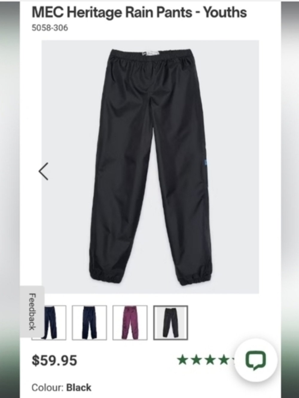NWT MEC Waterproof Rain Pants,Youth Kids Size 12,Black,Unlined